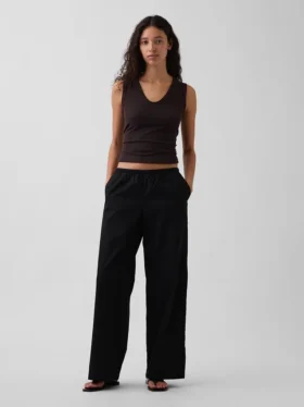 Mid Rise Poplin Relaxed Easy Wide-Leg Pants