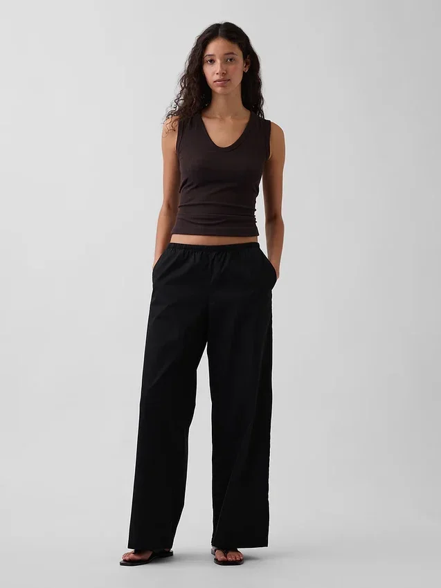 Mid Rise Poplin Relaxed Easy Wide-Leg Pants