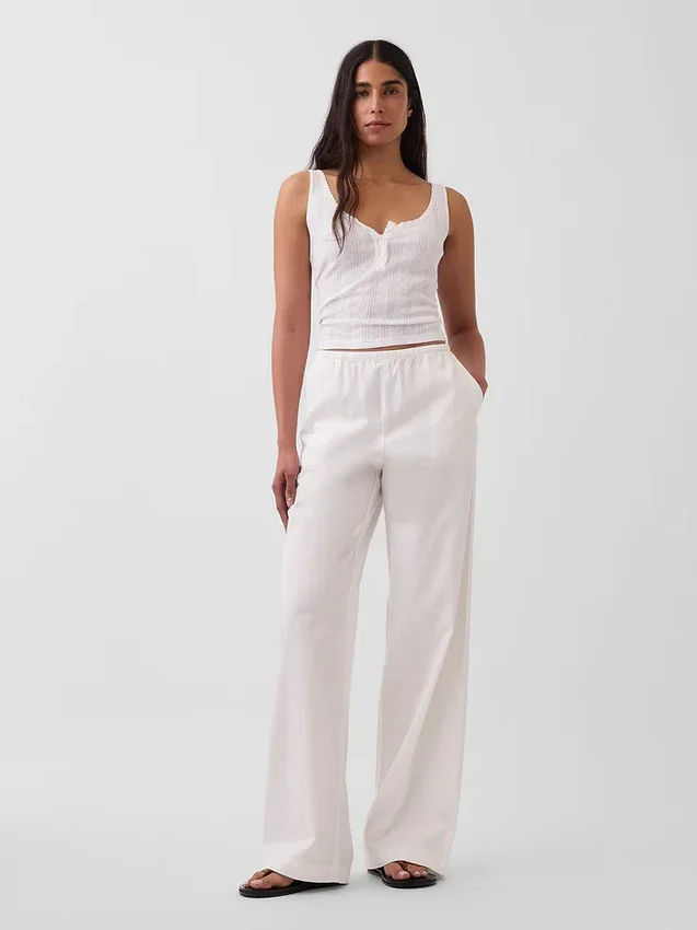 Mid Rise Poplin Relaxed Easy Wide-Leg Pants