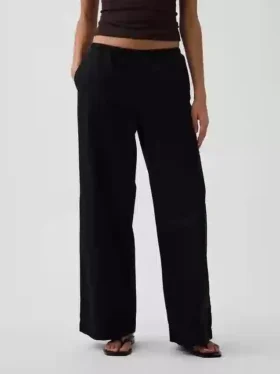 Mid Rise Poplin Relaxed Easy Wide-Leg Pants