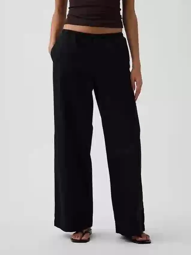 Mid Rise Poplin Relaxed Easy Wide-Leg Pants