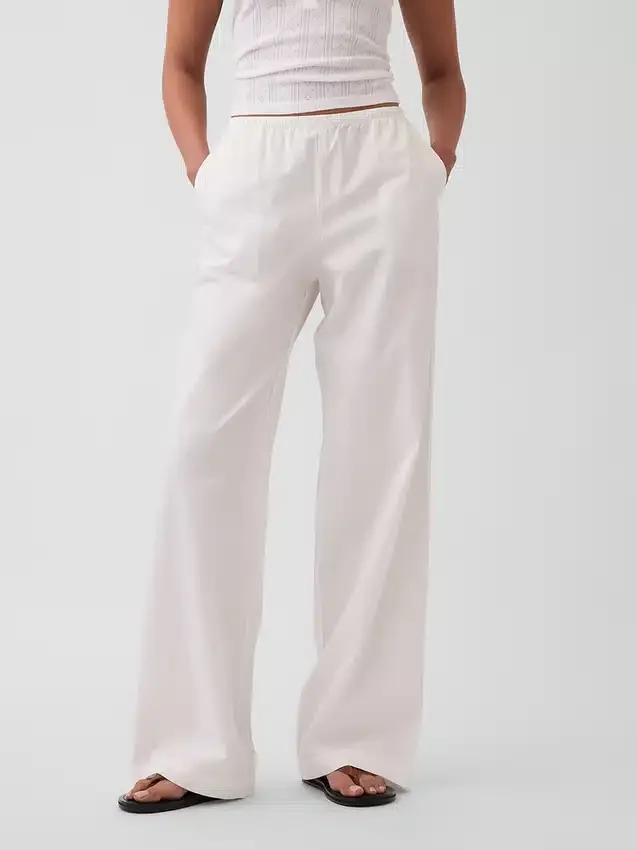 Mid Rise Poplin Relaxed Easy Wide-Leg Pants