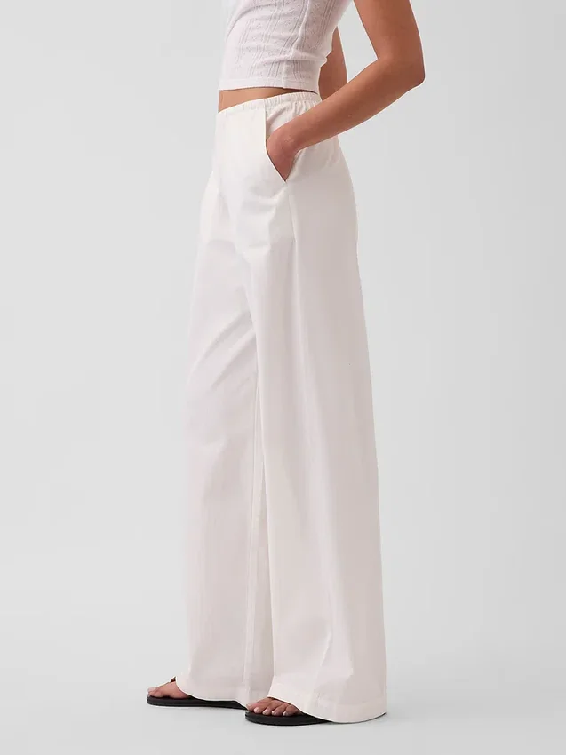 Mid Rise Poplin Relaxed Easy Wide-Leg Pants