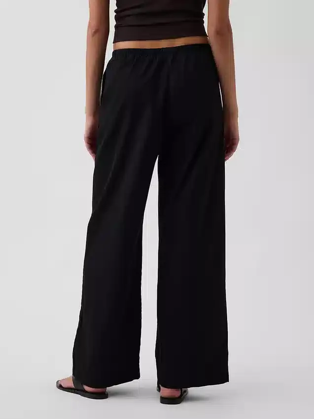 Mid Rise Poplin Relaxed Easy Wide-Leg Pants