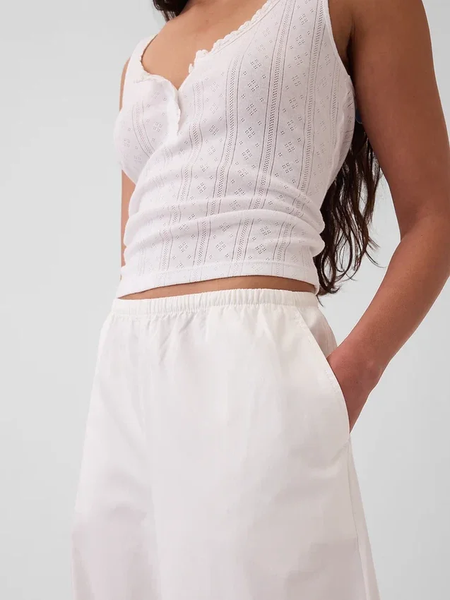 Mid Rise Poplin Relaxed Easy Wide-Leg Pants