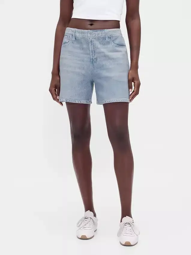 Mid Rise Printed Knit Denim Shorts