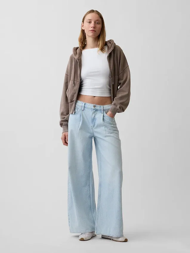 Mid Rise Ultrasoft Pleated Baggy Jeans