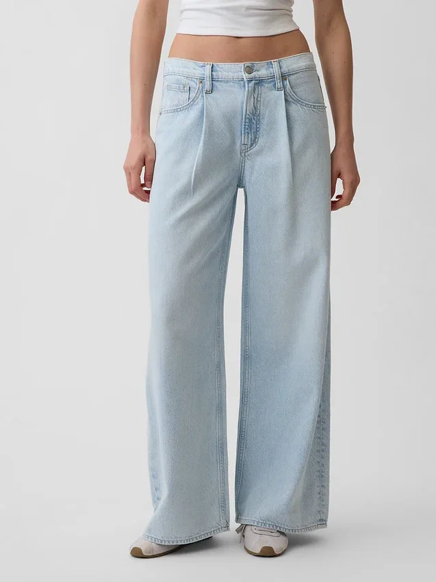 Mid Rise Ultrasoft Pleated Baggy Jeans