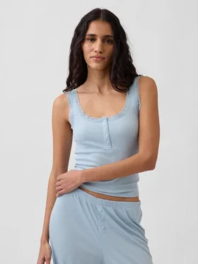Mini Rib Lace Henley Pj Tank Top