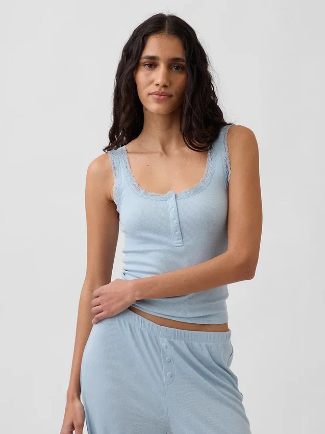 Mini Rib Lace Henley Pj Tank Top