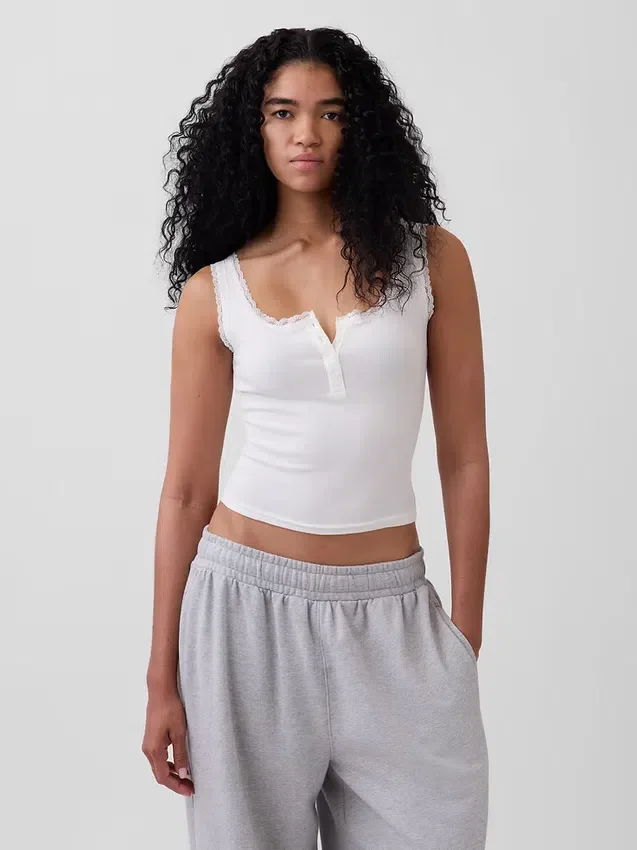 Mini Rib Lace Henley Pj Tank Top