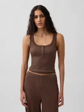 Mini Rib Lace Henley Pj Tank Top