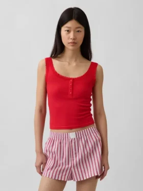 Mini Rib Lace Henley Pj Tank Top