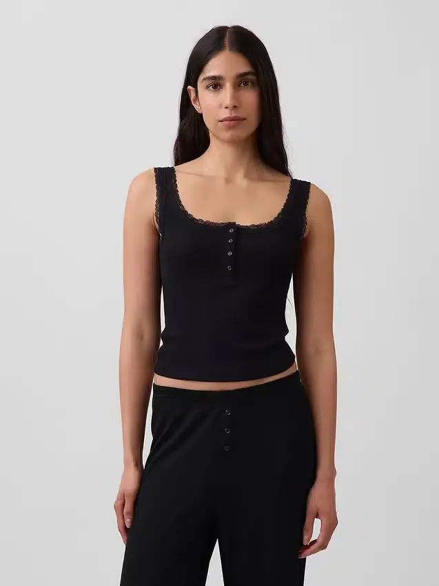Mini Rib Lace Henley Pj Tank Top