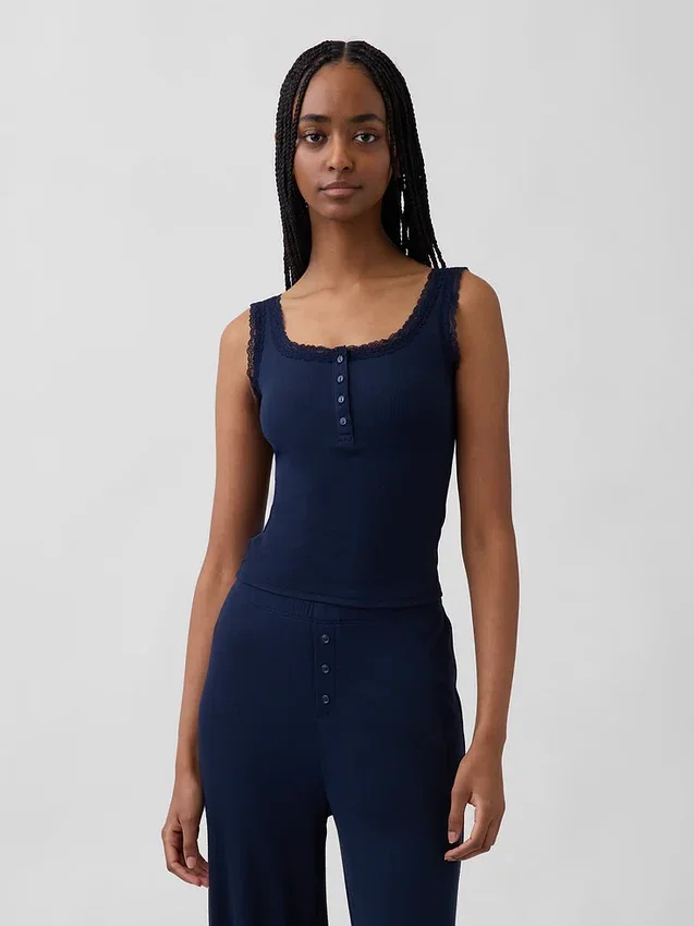Mini Rib Lace Henley Pj Tank Top