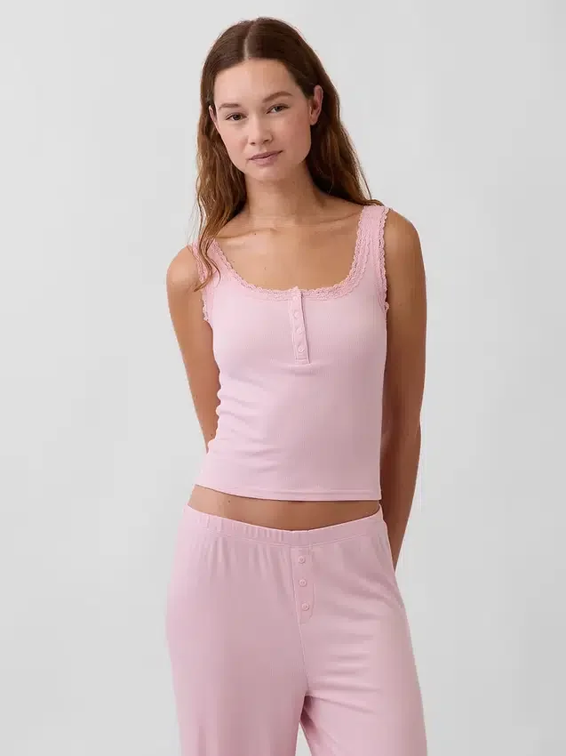 Mini Rib Lace Henley Pj Tank Top