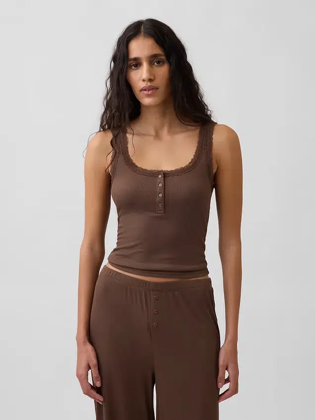 Mini Rib Lace Henley Pj Tank Top