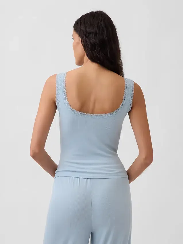 Mini Rib Lace Henley Pj Tank Top