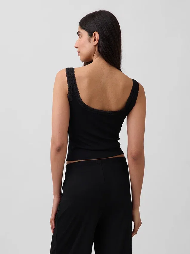 Mini Rib Lace Henley Pj Tank Top