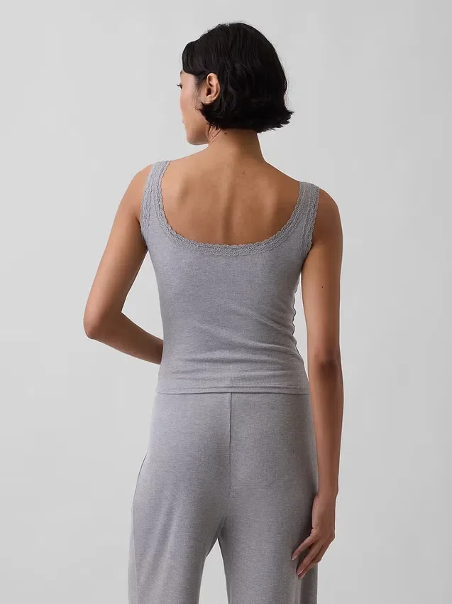 Mini Rib Lace Henley Pj Tank Top