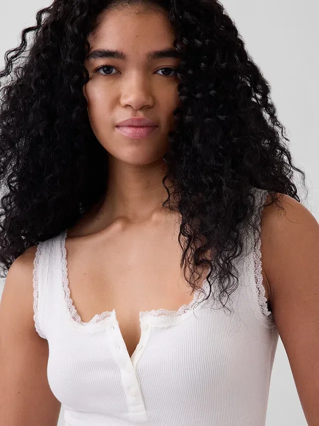Mini Rib Lace Henley Pj Tank Top
