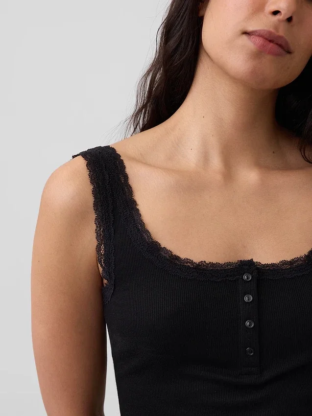 Mini Rib Lace Henley Pj Tank Top