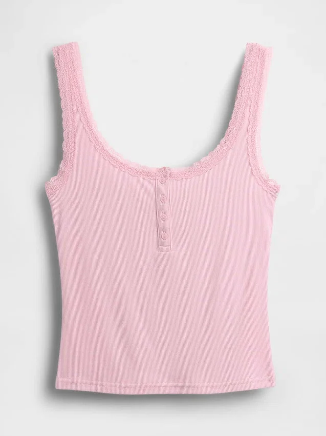 Mini Rib Lace Henley Pj Tank Top