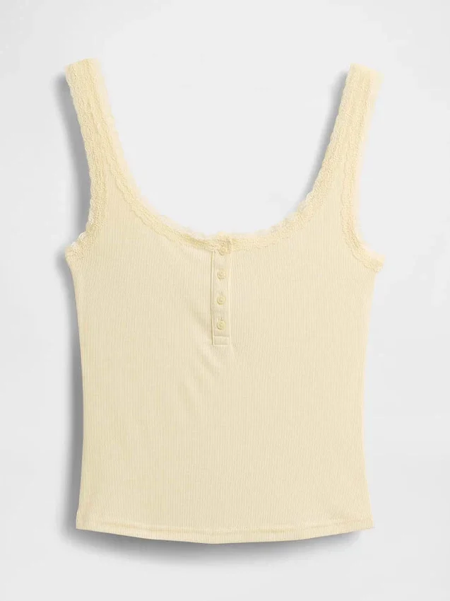 Mini Rib Lace Henley Pj Tank Top