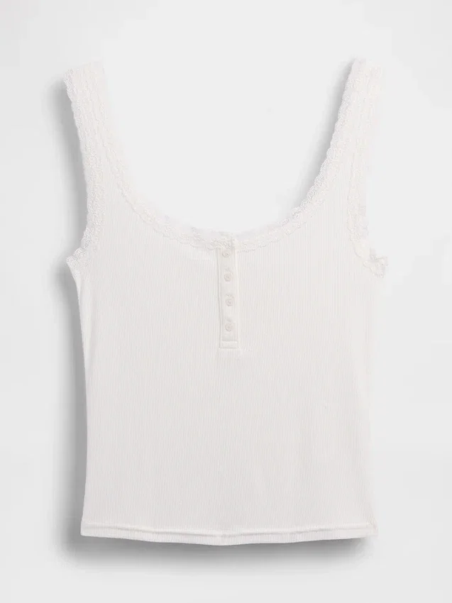 Mini Rib Lace Henley Pj Tank Top