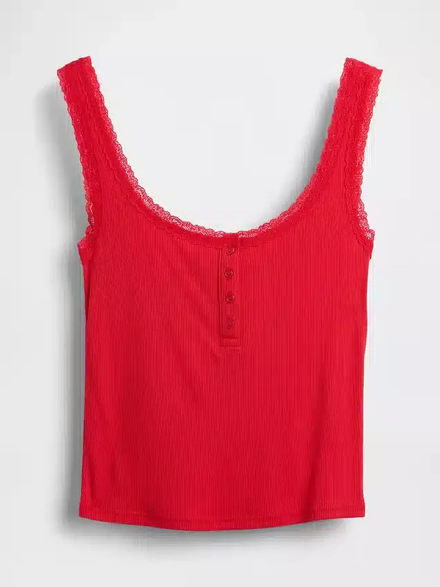 Mini Rib Lace Henley Pj Tank Top