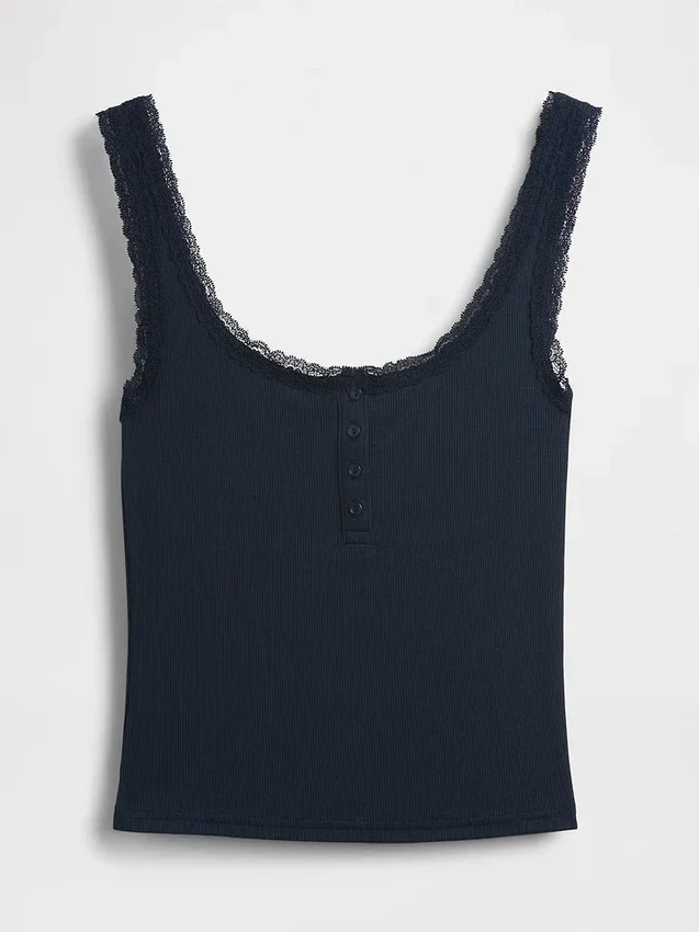 Mini Rib Lace Henley Pj Tank Top
