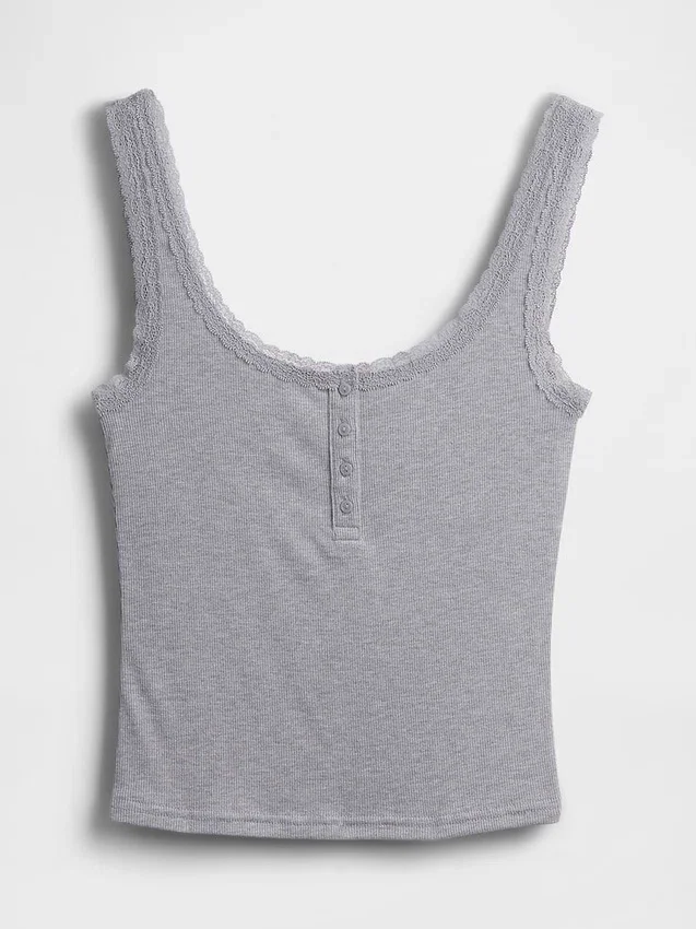 Mini Rib Lace Henley Pj Tank Top