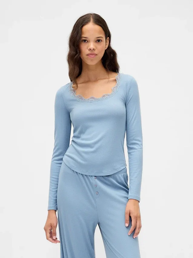 Mini Rib Lace-Trim Pj Top