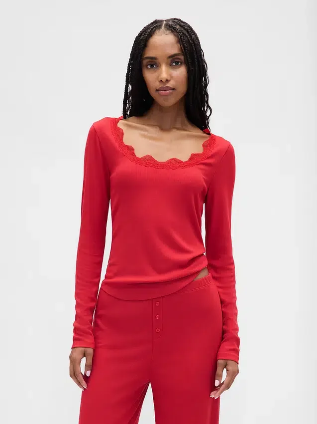 Mini Rib Lace-Trim Pj Top