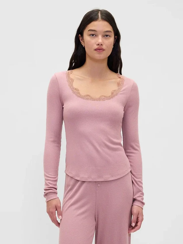 Mini Rib Lace-Trim Pj Top