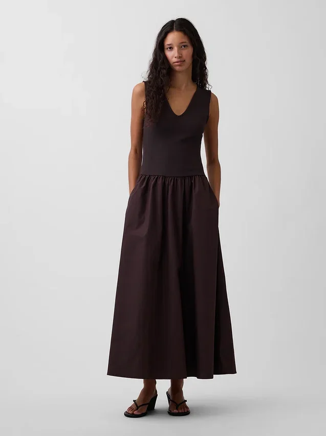 Mixed Media Drop-Waist Maxi Dress