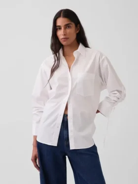 Organic Cotton Poplin Oversized Ruched-Sleeve Shirt