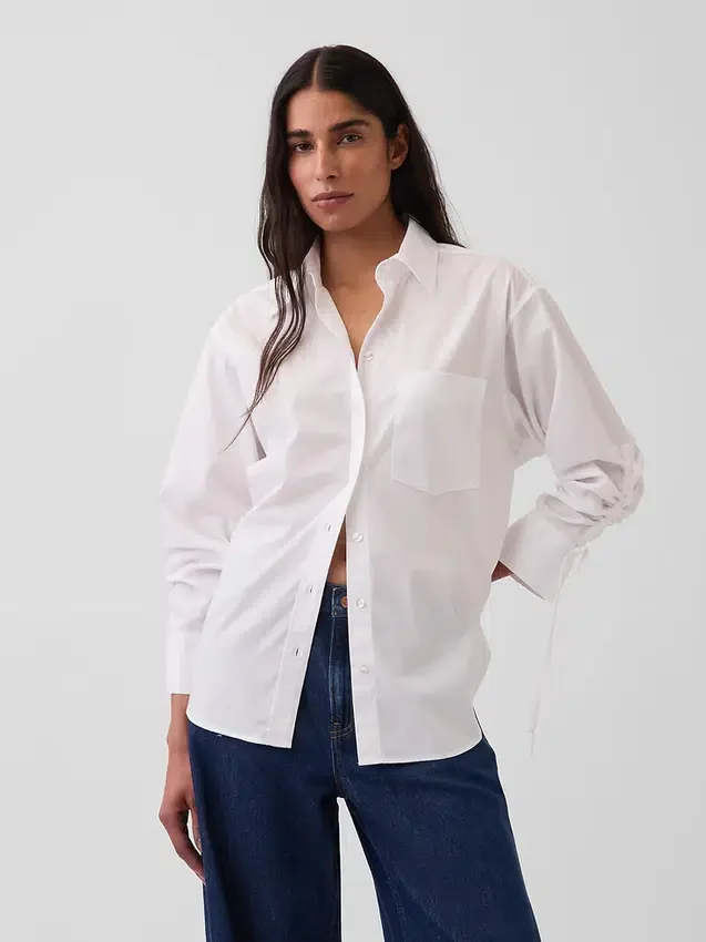 Organic Cotton Poplin Oversized Ruched-Sleeve Shirt