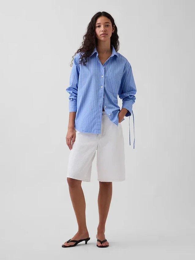 Organic Cotton Poplin Oversized Ruched-Sleeve Shirt