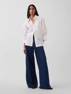 Organic Cotton Poplin Oversized Ruched-Sleeve Shirt