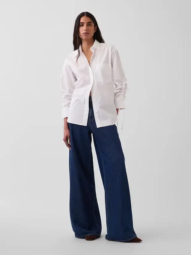 Organic Cotton Poplin Oversized Ruched-Sleeve Shirt