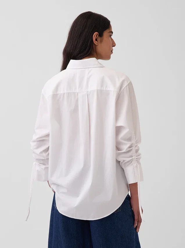 Organic Cotton Poplin Oversized Ruched-Sleeve Shirt
