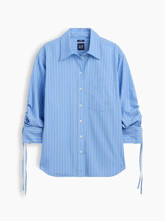 Organic Cotton Poplin Oversized Ruched-Sleeve Shirt