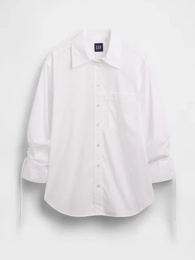 Organic Cotton Poplin Oversized Ruched-Sleeve Shirt