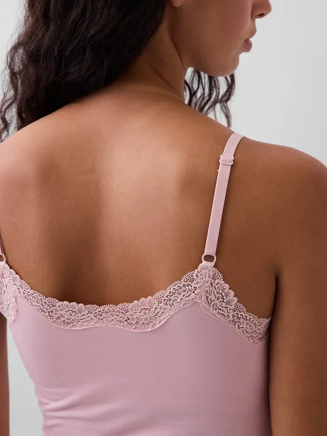 Organic Stretch Cotton Lace-Trim Shelf-Bra Cami
