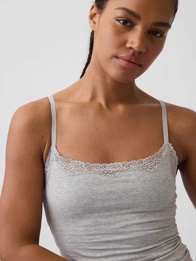 Organic Stretch Cotton Lace-Trim Shelf-Bra Cami