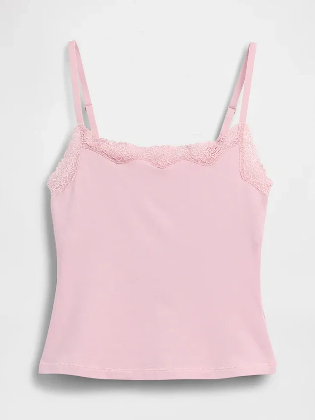 Organic Stretch Cotton Lace-Trim Shelf-Bra Cami