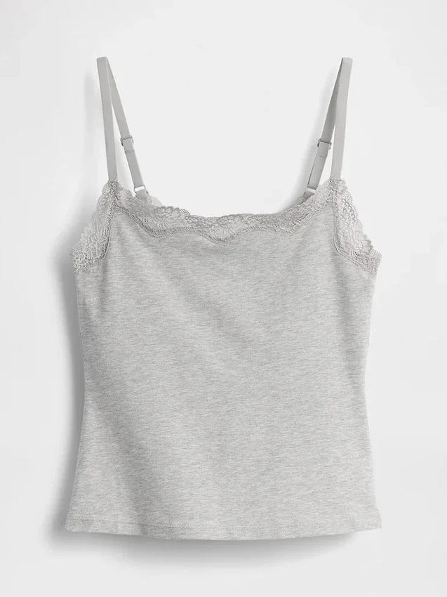 Organic Stretch Cotton Lace-Trim Shelf-Bra Cami