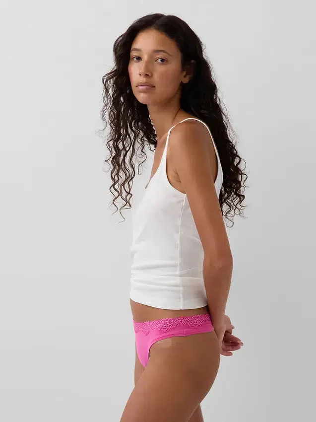 Organic Stretch Cotton Lace-Trim Thong