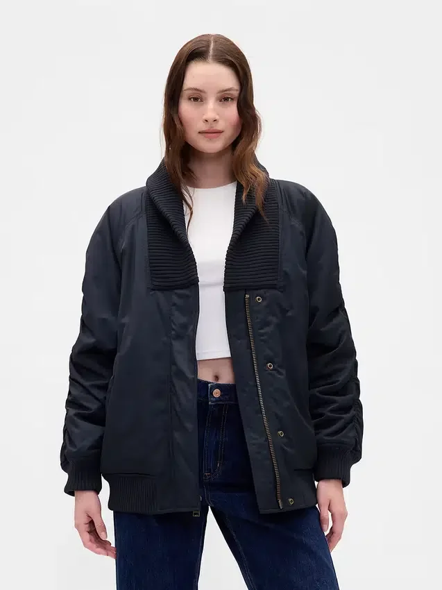 Oversized Knit-Trim Bomber Jacket